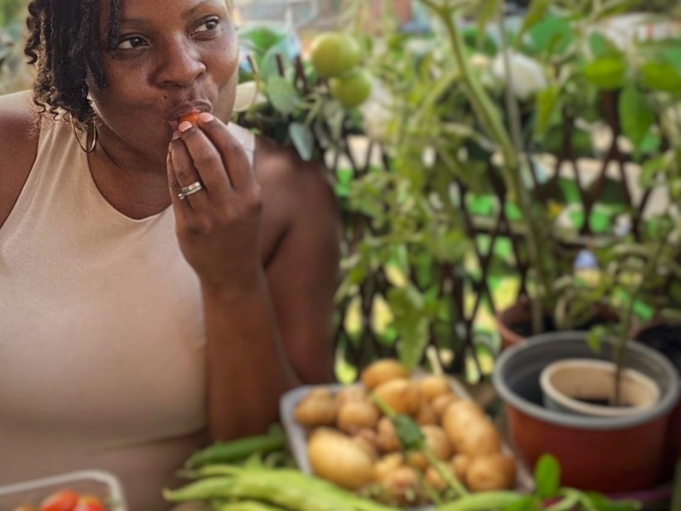 "sophia eating a fresh tomatoe picked from the allotment"