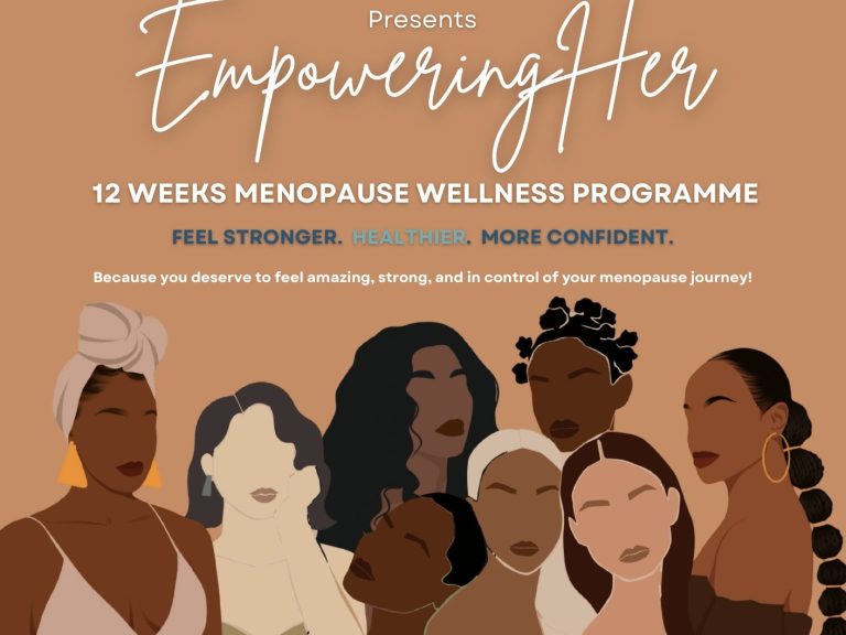 "Illustration of diverse women on a burnt orange background promoting the EmpoweringHer 12-week menopause wellness taster programme."