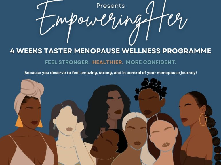 "Illustration of diverse women on a blue background promoting the EmpoweringHer 4-week menopause wellness taster programme."